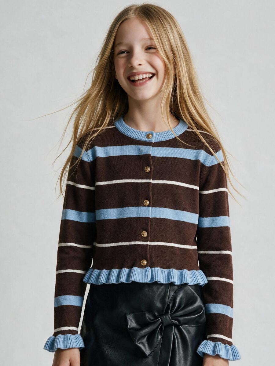 Maija Kids Maija Kids Tween Girl Striped Ruffle Hem Single-Breasted Knit Cardigan Autumn Kids - Multicolor - View 1