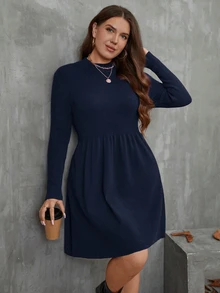 SHEIN Clasi Plus Size Solid Color Knit Casual Dress, Autumn/Winter - Royal Blue - View 4