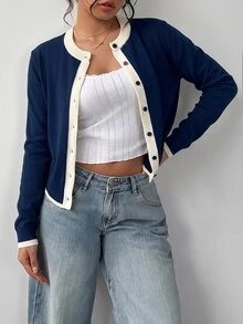SHEIN BASICS Women's Colorblock Casual Versatile Daily Wear Cardigan - Navy Blue - View 6