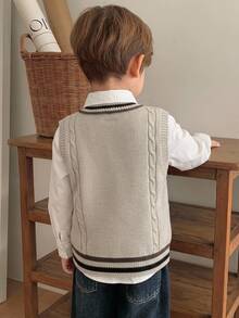 Hapijoa Young Boy Letter Embroidery Striped V-Neck Casual Versatile Knit Vest - Apricot - View 2