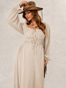 Boho Mama Brown Maternity Dress With Front-Center Lace-Up Waist – Casual Style For Daily Wear Or Vacation (Autumn) Country Style For Women Fall - Apricot - View 7
