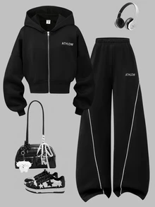 SHEIN 青少年女孩 2 件套黑色花卉連帽拉鍊開襟外套，落肩寬鬆版型，長版羅紋腰線，時尚休閒獨特設計開襟，搭配黑色寬鬆舒適長寬腿褲，休閒運動學院風穿搭，適合外出、室內、運動、健身、學校，適用春、秋、冬、聖誕節 - 黑色 - 查看 1