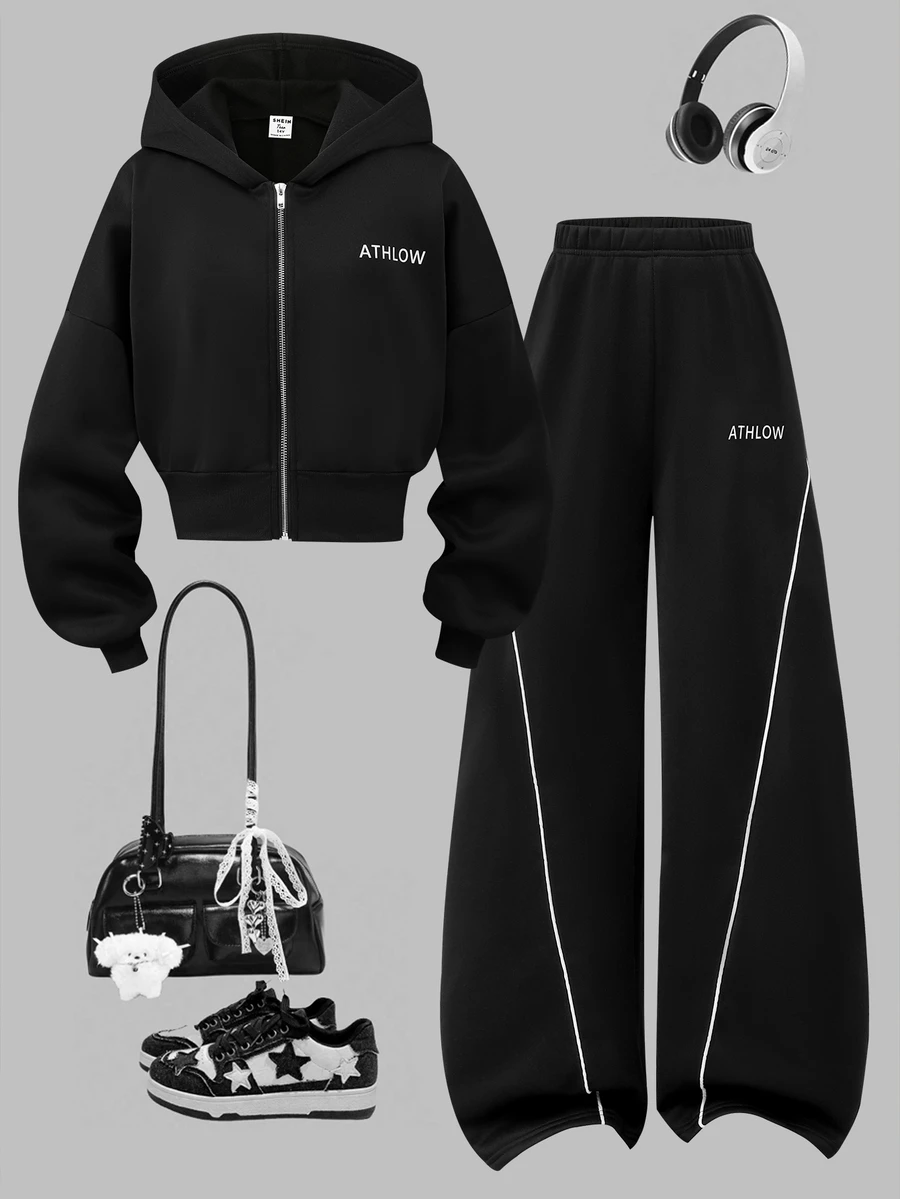 SHEIN 青少年女孩 2 件套黑色花卉連帽拉鍊開襟外套，落肩寬鬆版型，長版羅紋腰線，時尚休閒獨特設計開襟，搭配黑色寬鬆舒適長寬腿褲，休閒運動學院風穿搭，適合外出、室內、運動、健身、學校，適用春、秋、冬、聖誕節 - 黑色 - 查看 1