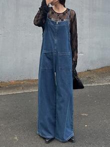 FRIFUL Women's Pocket Design Casual Streetwear Wide Leg Denim Overalls Everyday Going Out - Blue - View 4