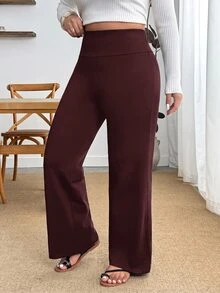 SHEIN PETITE CURVE 大尺碼女款純色休閒百搭日常穿著長褲 秋季早午餐度假黑色 - 紅木色 - 查看 4