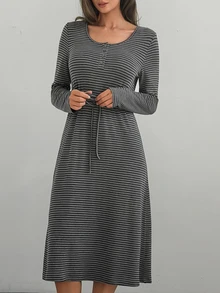 DAZY Women's Striped Button Design Long Sleeve Casual Loungewear Dress - Grey - View 8