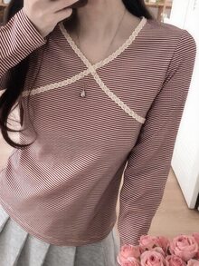 DAZY Women's V-Neck Striped Long Sleeve T-Shirt Fall - Burgundy - View 6