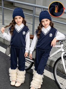 SHEIN 青少年女孩學院風毛衣背心上衣與寬腿長褲兩件套，抓絨內裡套裝，適合秋冬 - 藍色 - 查看 3
