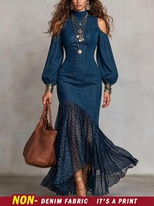SHEIN Fall Royal Blue Ribbed Knit Semi-High Neck Cold Shoulder Lantern Sleeve Leopard Print Mesh Patchwork Mermaid Dress, Casual Boho Elegant Style Vacation - Blue - View 1