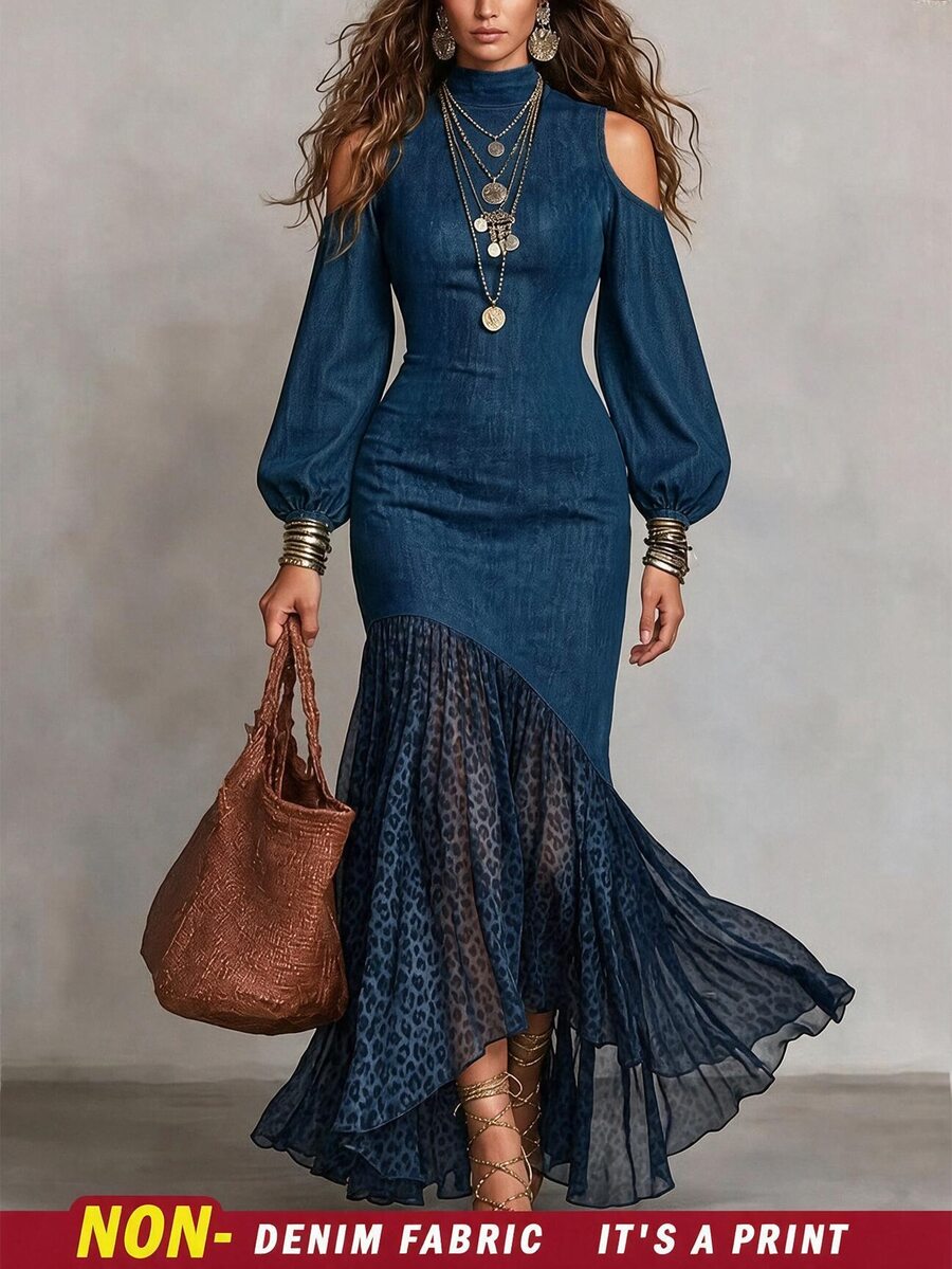 SHEIN Fall Royal Blue Ribbed Knit Semi-High Neck Cold Shoulder Lantern Sleeve Leopard Print Mesh Patchwork Mermaid Dress, Casual Boho Elegant Style Vacation - Blue - View 1