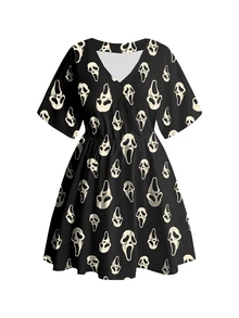 ROMWE Goth Plus Size Women V-Neck All-Over Print Casual Everyday Summer Dress - Black - View 1