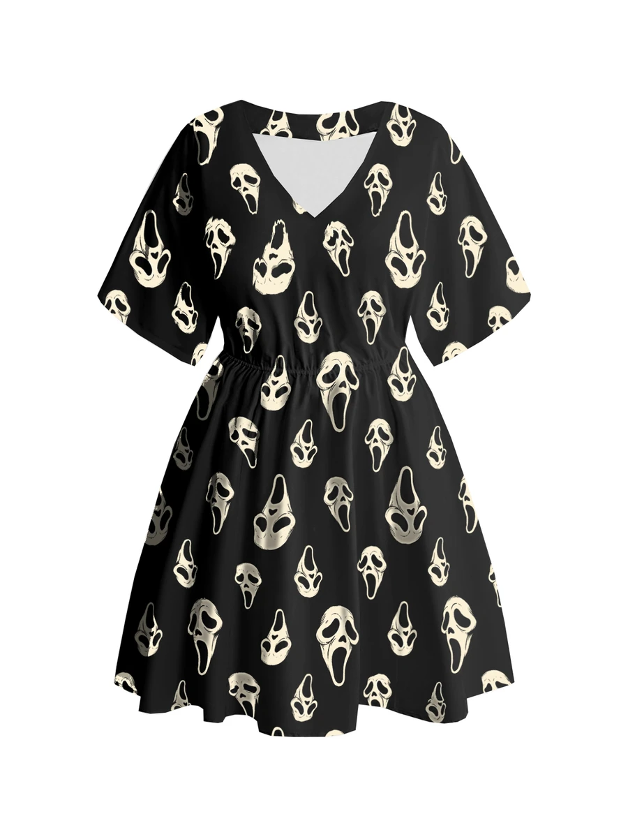 ROMWE Goth Plus Size Women V-Neck All-Over Print Casual Everyday Summer Dress - Black - View 1