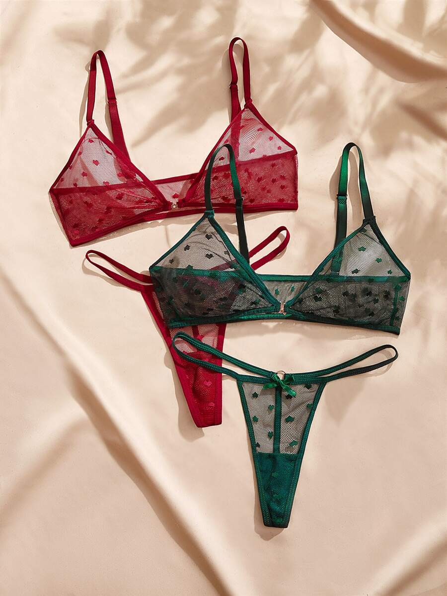Charlaine Women's Sexy Sheer Mesh Spaghetti Strap Bra And Thong Lingerie Set - Multicolor - View 1