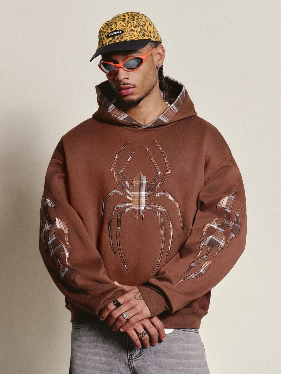PAVTROS Men's Autumn/Winter Brown Hooded Sweatshirt, Spider Flame Pattern With Plaid Fabric Applique Embroidery, Y2K Christmas & Halloween Gift - Coffee Brown - View 1