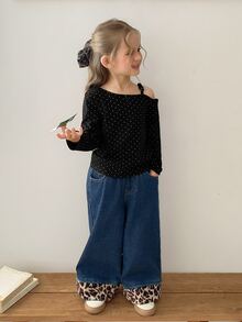 DAZY Young Girl Korean Style Polka Dot Print Cold Shoulder Long Sleeve T-Shirt - Black - View 5