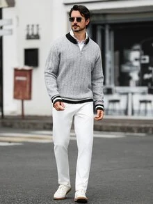 Marcello Vane 男士秋冬高領長袖套頭毛衣，時尚修身休閒羅紋拼色 1/4 拉鍊針織開襟衫 - 灰色 - 查看 3