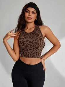 SHEIN Sovereign Charm 1pc Brown Leopard Print Ribbed Sleeveless Crop Tank Top, Reflective Stripe At Back, Slim Fit, For Daily Casual, Summer - Brown - View 2