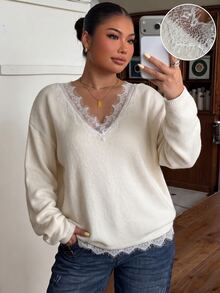 Muchica Plus Size Women's Contrast Lace V-Neck Drop Shoulder Long Sleeve Fashion Pullover Sweater - Apricot - View 6