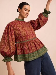 LOTSLUV Áo blouse nữ dáng rộng tay dài cổ tròn, họa tiết in màu vàng và xanh, phong cách thường ngày đi làm đầu thu - Đỏ - Xem 4