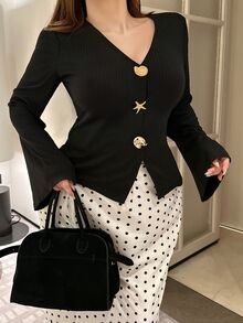 Vibekara Plus Size Sexy Style Top And Polka Dot Skirt 2 Pieces Set Fall - Black - View 4