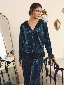 Côtesoire South French Elegant Mature Diamond Velvet Lace Patchwork Open Front Women's Pajama Set - Dark Green - View 4