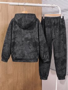 SHEIN 青少年男孩黑色樹枝圖案連帽衛衣與黑色字母印花寬鬆休閒運動長褲2件套，時尚街頭風，適合休閒戶外運動與校園穿搭 - 彩色 - 查看 2