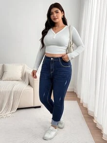 SHEIN CURVE+ Plus Size Women's Casual Daily Travel Denim Jeans With Pockets And Buttons - Blue - View 5