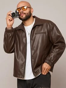 EASEVO Men's Plus Size Loose Black Leather Long Sleeve Jacket - Coffee Brown - View 1