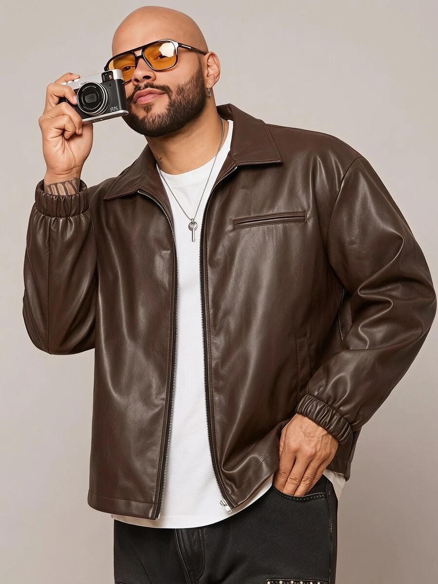 EASEVO Men's Plus Size Loose Black Leather Long Sleeve Jacket - Coffee Brown - View 1