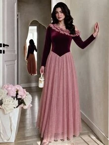 Modelyn Women's Elegant Asymmetrical Shoulder Ruffle Velvet & Sequin Patchwork Full Skirt Formal Evening Long Sleeve Dress - Burgundy - View 8