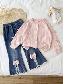 Vintaside Kids 2件組幼女針織開襟衫與喇叭牛仔褲套裝，可愛粉藍配色，麻花編織蝴蝶結蕾絲飾邊，長袖圓領，生日派對秋季假期公主風舒適款 - 粉色 - 查看 6