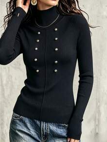 INAWLY Napoleon Style Metal Double-Breasted Commuter Versatile Street Fashion Knit Pullover Sweater - Black - View 5