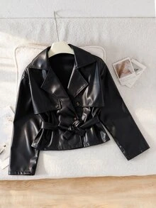 SHEIN Teen Girl Solid Color Waist Tie Casual Versatile Long Sleeve Jacket - Black - View 7