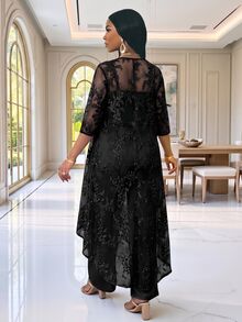 SHEIN Lady 大尺碼女款蕾絲圓領 3/4 袖高腰下擺上衣與長褲優雅兩件套，適合婚禮、晚餐、正式場合，藍色/淺海軍藍，夏季 - 黑色 - 查看 2