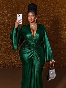 Maweii Plus Size Women's Metallic Texture V-Neck Bell Sleeve Slit Hem Elegant Fitted Long Dress - Green - View 5