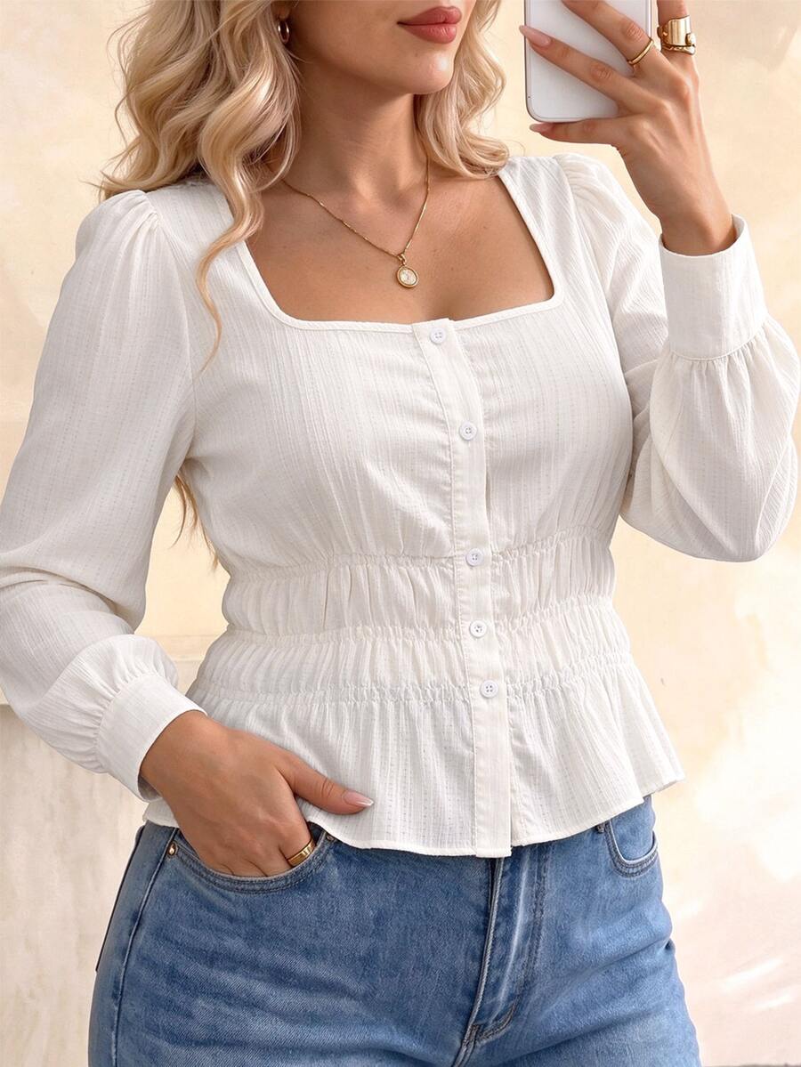Elegantrix Women's Plus Size Spring/Autumn Single Piece Square Neck Petal Sleeve Front Button Waist Gathered Shirred Blouse, Slim Fit Short French Style Casual Commute Shirt - Apricot - View 1
