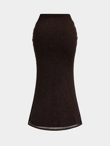 Sweetra CURVE Plus Size Women Elegant Elegant Elastic Silver Mesh Design Pleated Bodycon Long Skirt - Coffee Brown - View 2