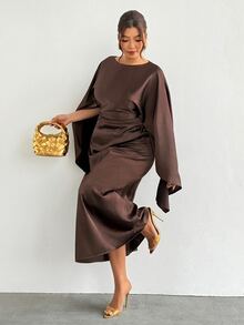 Firerie Plus Size Women Solid Color Round Neck Cape Sleeve Pleated Elegant Dress - Coffee Brown - View 7