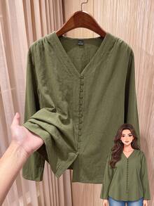 Rusticease Plus Size Minimalist Versatile Button Long Sleeve Shirt - Army Green - View 10