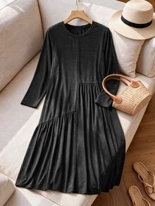 Rusticease Plus Size Dark Gray Ruffle Trim Round Neck Long Sleeve Dress Elegant Formal Fall Winter 2026 - Dark Grey - View 3