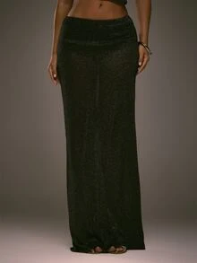 MUSERA Black Sheer Knit Low Rise Maxi Skirt Fall Autumn Winter Going Out Evening Sexy - Black - View 2