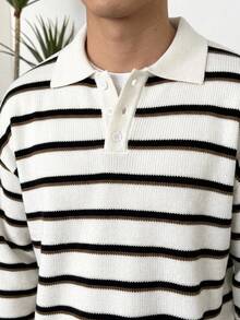 DAZY 秋冬款白色、黑色、棕色條紋 Polo 領男士毛衣 - 白色 - 查看 6
