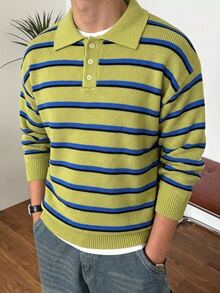 DAZY 秋冬橄欖綠與皇家藍條紋 Polo 領男士毛衣 - 綠色 - 查看 3