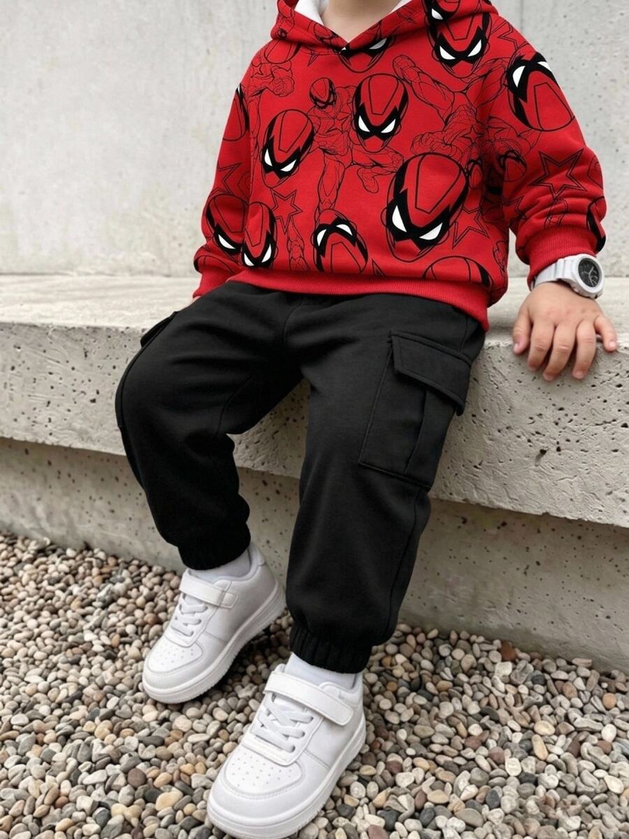Young Boy Autumn/Winter Spider Pattern Hooded Long Sleeve Sweatshirt - Multicolor - View 1