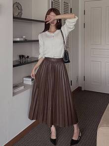 DAZY Women's Solid Color High Waist Elegant Commute Pleated Skirt - Coffee Brown - View 2