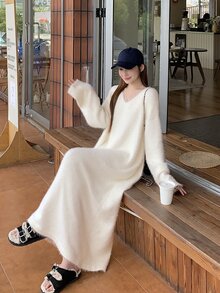 DAZY Women's Solid Color V-Neck Long Sleeve Casual Loose Knit Dress - Beige - View 5