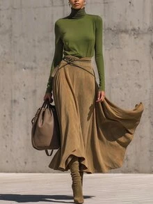 LUMIGAL Women's Olive Green Stretch Turtleneck Top And Faux Suede Maxi Skirt SetFall/Winter - Multicolor - View 1