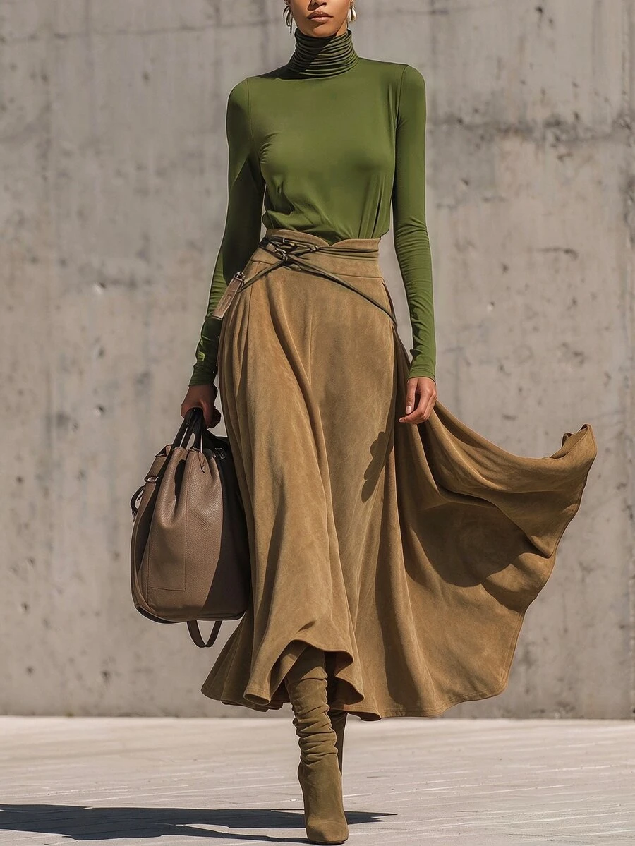 LUMIGAL Women's Olive Green Stretch Turtleneck Top And Faux Suede Maxi Skirt SetFall/Winter - Multicolor - View 1
