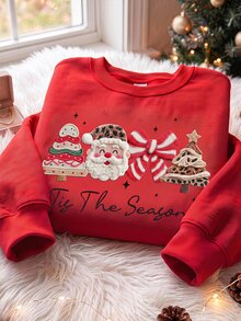 SHEIN EZwear 秋季新款聖誕老人印花圖案圓領長袖寬鬆加厚女款衛衣，適合假期、秋季上衣，適用於日常通勤、約會、聚會，秋冬春夏、聖誕節、新年、感恩節、派對、新年 - 紅色 - 查看 5