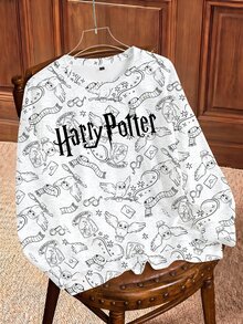 HARRY POTTER X SHEIN Sweatshirt Wanita Ukuran Besar dengan Motif Huruf, Kasual, dan Kerah Bulat untuk Sehari-hari - Putih - View 1